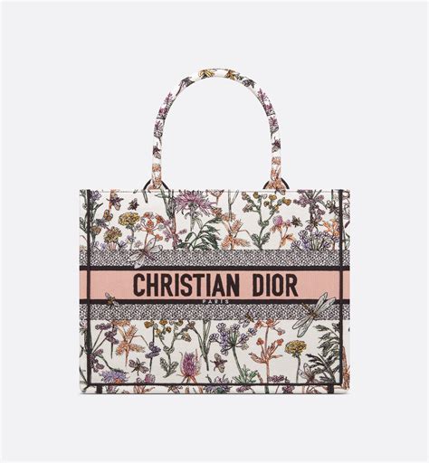 Borsa media Dior Book Tote Ricamo Dior Herbarium bianco e 